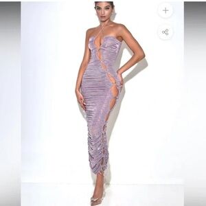 NWT Miss Circle PARRIS LAVENDER METALLIC CUTOUT RUCHED CHIFFON MAXI DRESS